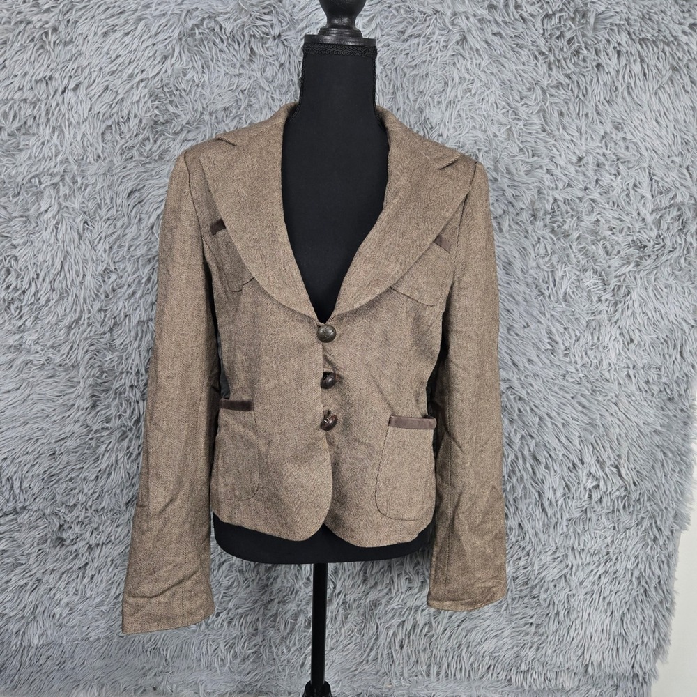Banana Republic Herringbone Blazer 12 Brown Wool Blend Velvet Trim Elbow Patch